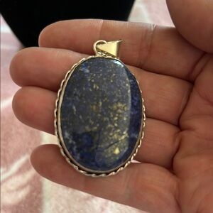 Lapis Lazuli Oval Pendant with Gold Pyrite Flecks – Sterling plated Rope Setting